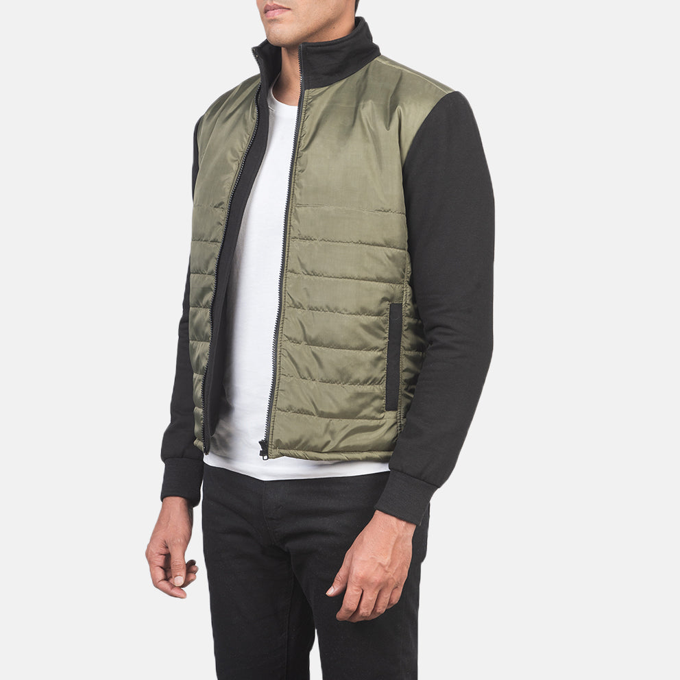 
Green & Black Nylon (Torso) &Amp; Knitted Fabric (Sleeves) Winter Jacket - უკანა ხედი გამოკვეთილი მხრებით და სუფთა დაბოლოებით