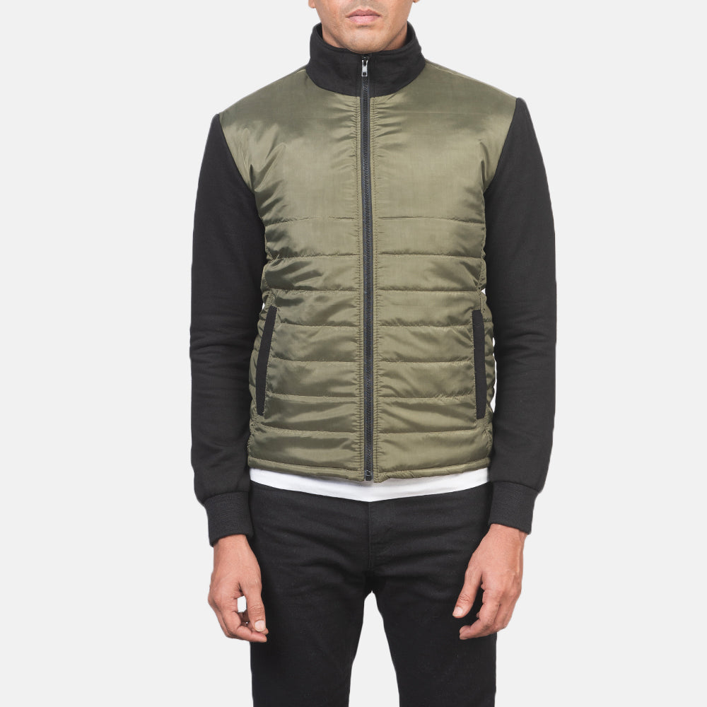 
ახლო ხედი of High Neck & Zipper with wind flap Hardware on Nashville ნაკერიანი მწვანე Windbreaker ტყავის ქურთუკი მამაკაცის