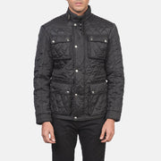 
ახლო ხედი of Belted Band & Zipper with Front Button Flap Hardware on Nelson ნაკერიანი შავი Windbreaker ტყავის ქურთუკი მამაკაცის