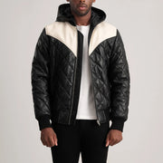 
Norman Tan Hooded Bomber Leather Puffer Jacket in Tan Brown Sheepskin Leather - წინა ხედი და მორგებული სილუეტი | შეიძინეთ ონლაინ