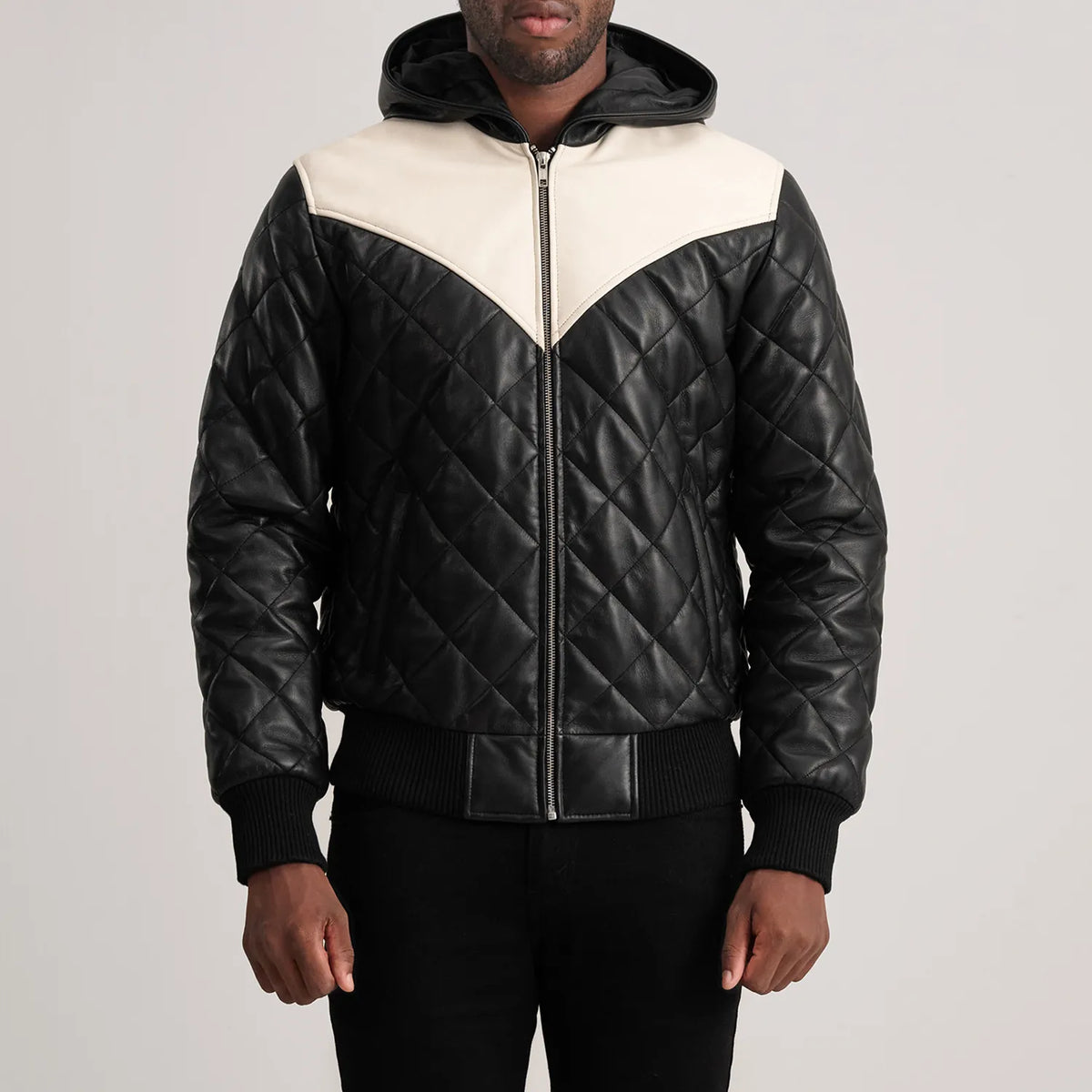 
ახლო ხედი of Hooded & Zipper Hardware on Norman Tan Hooded Bomber Leather Puffer Jacket