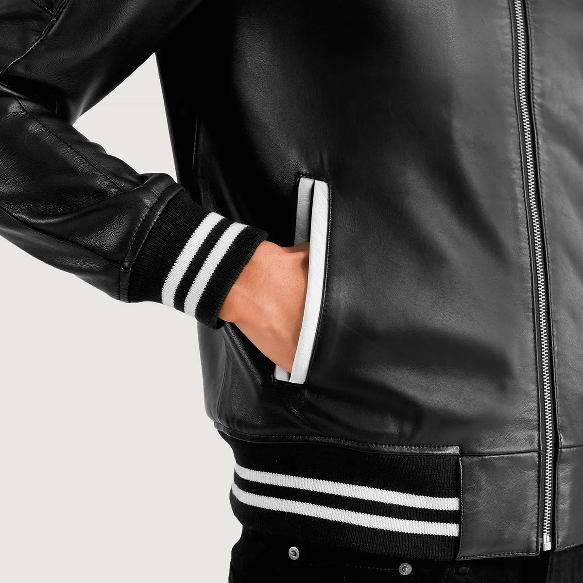 Pascal Black Leather Varsity Jacket - Lateral Side Profile View Showing Sleeve Cut &amp; Athletic Taper Fit