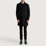 Petrillo Black Wool Single Breasted Coat - Lateral Side Profile View Showing Sleeve Cut &amp; Athletic Taper Fit