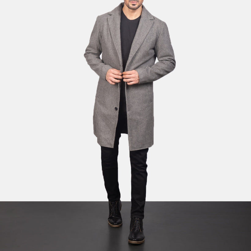 Petrillo Grey Wool Single Breasted ტყავის პალტო მამაკაცის