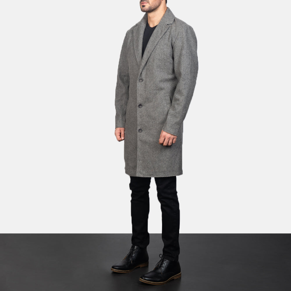 
Grey Synthetic Wool Trench Coat - უკანა ხედი გამოკვეთილი მხრებით და სუფთა დაბოლოებით
