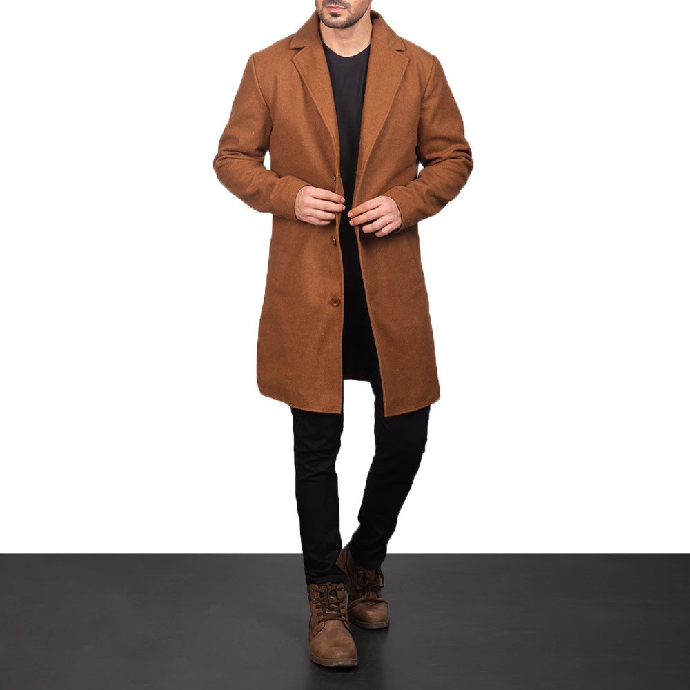 
Khaki Synthetic Wool Trench Coat - უკანა ხედი გამოკვეთილი მხრებით და სუფთა დაბოლოებით