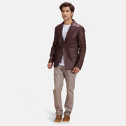 Radaron Quilted Maroon Leather Blazer - Lateral Side Profile View Showing Sleeve Cut &amp; Athletic Taper Fit
