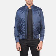 Ramon Blue ტყავის ბომბერი მამაკაცის in Blue Nylon - Front Profile View &amp; Tailored Silhouette | Buy Online