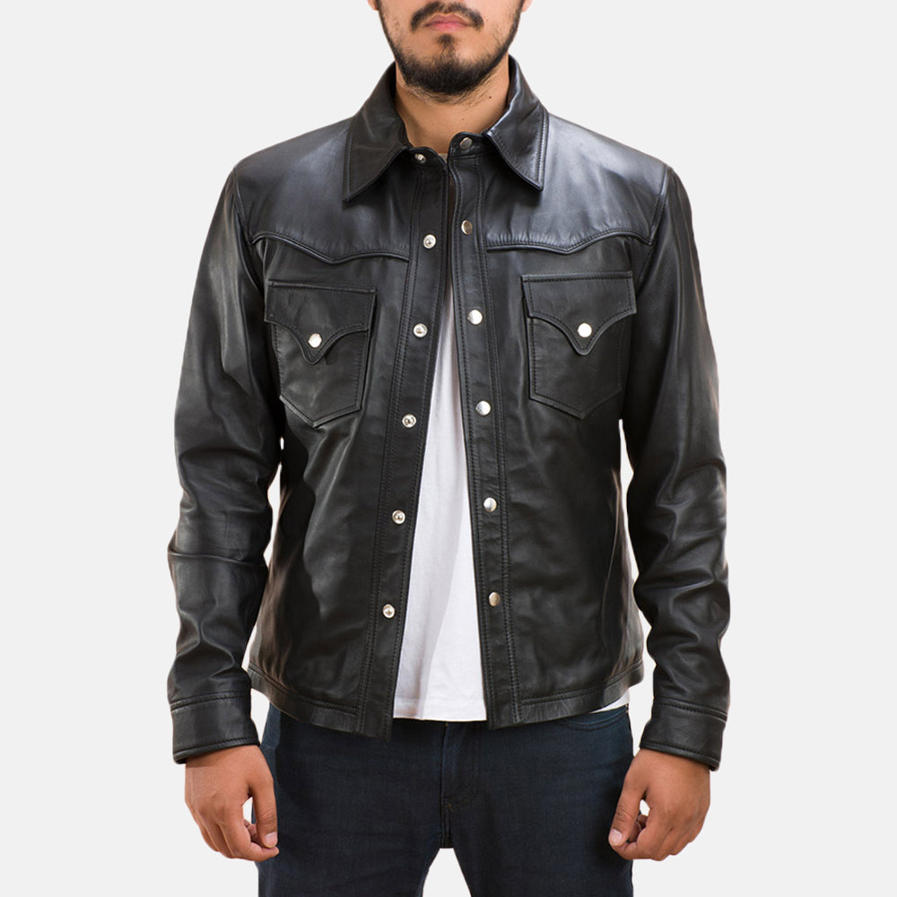 
Ranchson შავი Leather Shirt მამაკაცის in Black Sheepskin Leather - წინა ხედი და მორგებული სილუეტი | შეიძინეთ ონლაინ