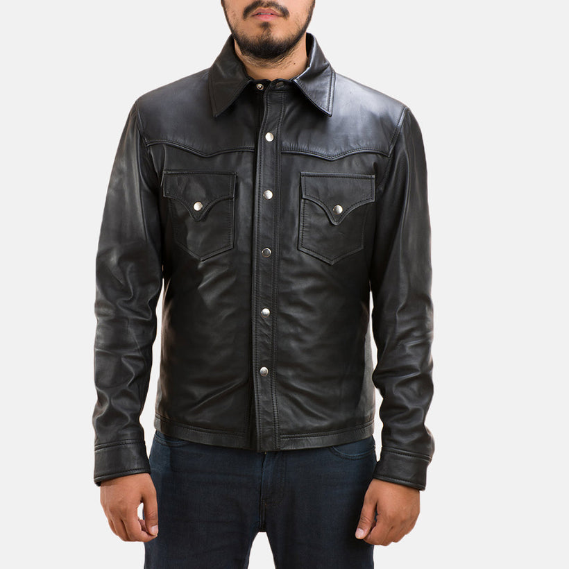 Ranchson შავი Leather Shirt მამაკაცის