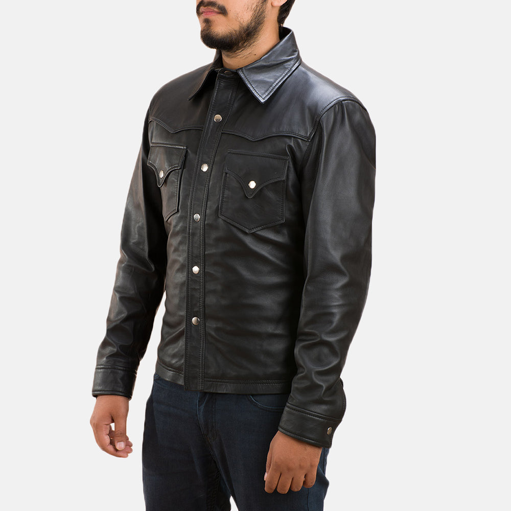 
Ranchson შავი Leather Shirt მამაკაცის - გვერდითი პროფილი ერგონომიული სახელოს ჭრით