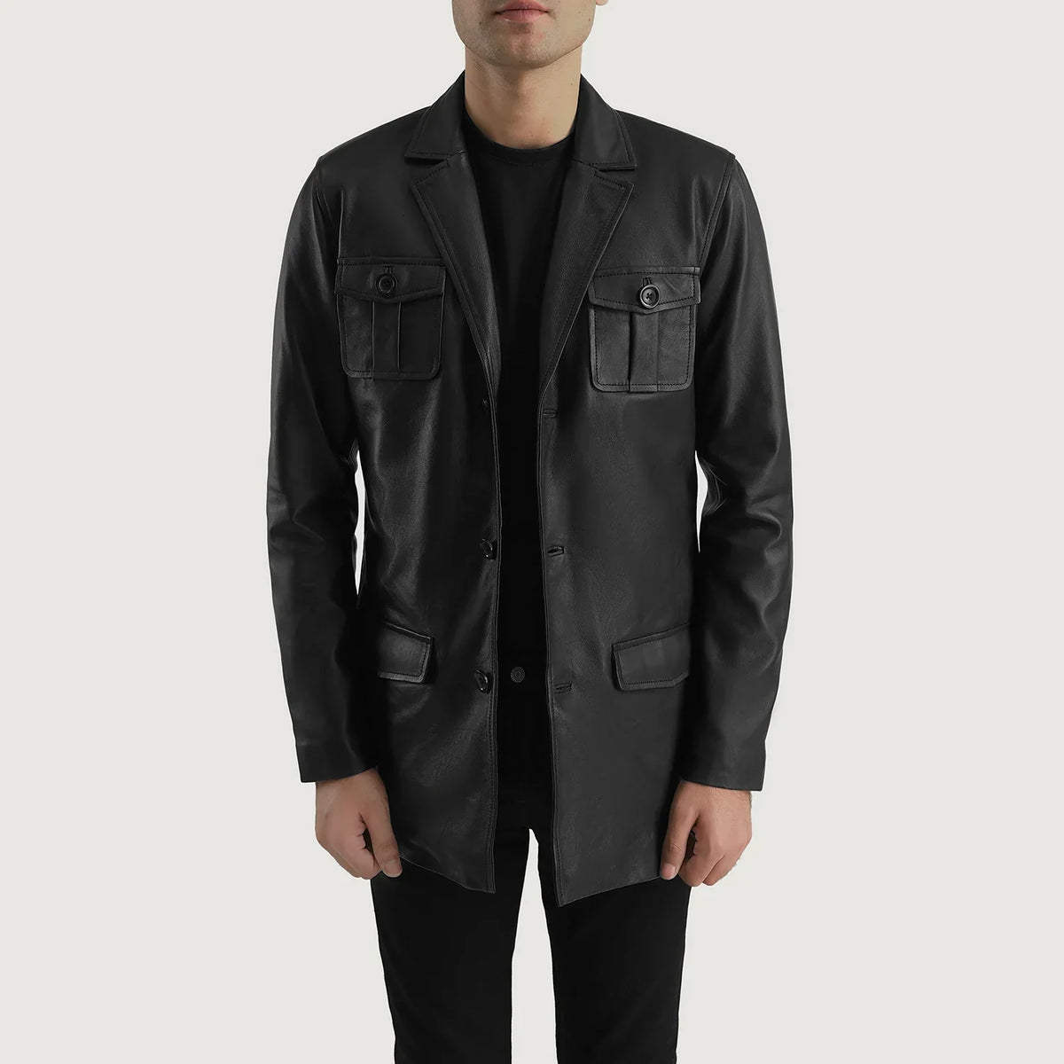 
Ray Cutler Black Leather Blazer in Black Sheepskin Leather - წინა ხედი და მორგებული სილუეტი | შეიძინეთ ონლაინ