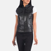 
ახლო ხედი of Band & Zipper Hardware on Rayne Moto შავი ტყავის ჟილეტი ქალის