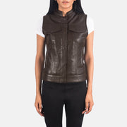
ახლო ხედი of Band & Zipper with Button Flap Hardware on Rayne Moto ყავისფერი ტყავის ჟილეტი ქალის