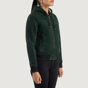 
Green Goatskin Suede Bomber Jacket - უკანა ხედი გამოკვეთილი მხრებით და სუფთა დაბოლოებით