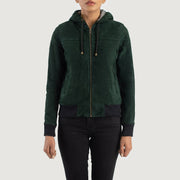 
ახლო ხედი of Hooded & Zipper Hardware on Rebella Green Hooded Suede Bomber Jacket
