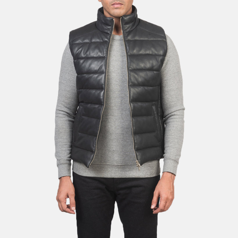 Reeves შავი Leather Puffer Vest მამაკაცის