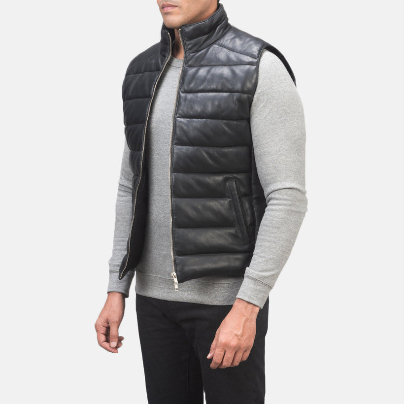 Reeves შავი Leather Puffer Vest მამაკაცის