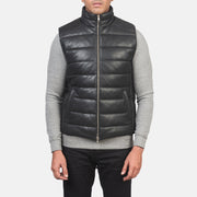 
ახლო ხედი of Classic Collar & Zipper with Dual Puller Hardware on Reeves შავი Leather დათბილული ჟილეტი მამაკაცის