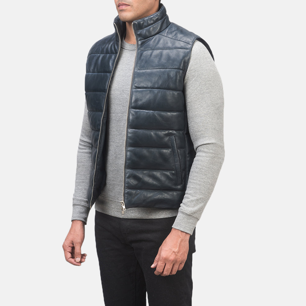 
Blue Sheepskin leather Vest - უკანა ხედი გამოკვეთილი მხრებით და სუფთა დაბოლოებით