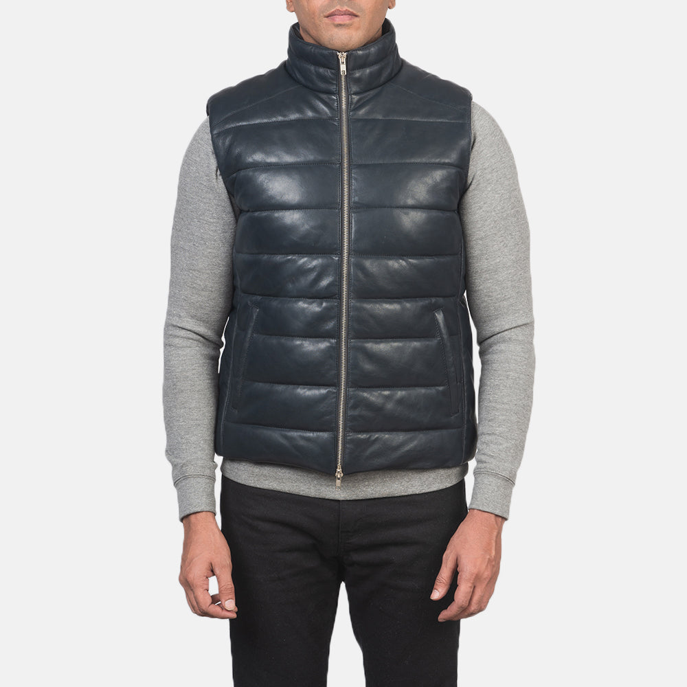 
ახლო ხედი of Classic Collar & Zipper with Dual Puller Hardware on Reeves ლურჯი Leather დათბილული ჟილეტი მამაკაცის