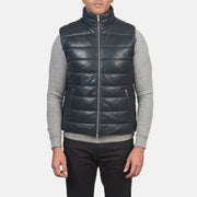 
ახლო ხედი of Classic Collar & Zipper with Dual Puller Hardware on Reeves ლურჯი Leather დათბილული ჟილეტი მამაკაცის