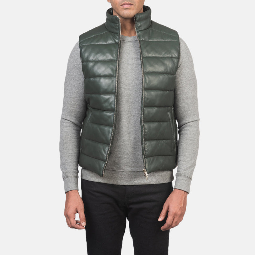 Reeves Green Leather Puffer Vest მამაკაცის
