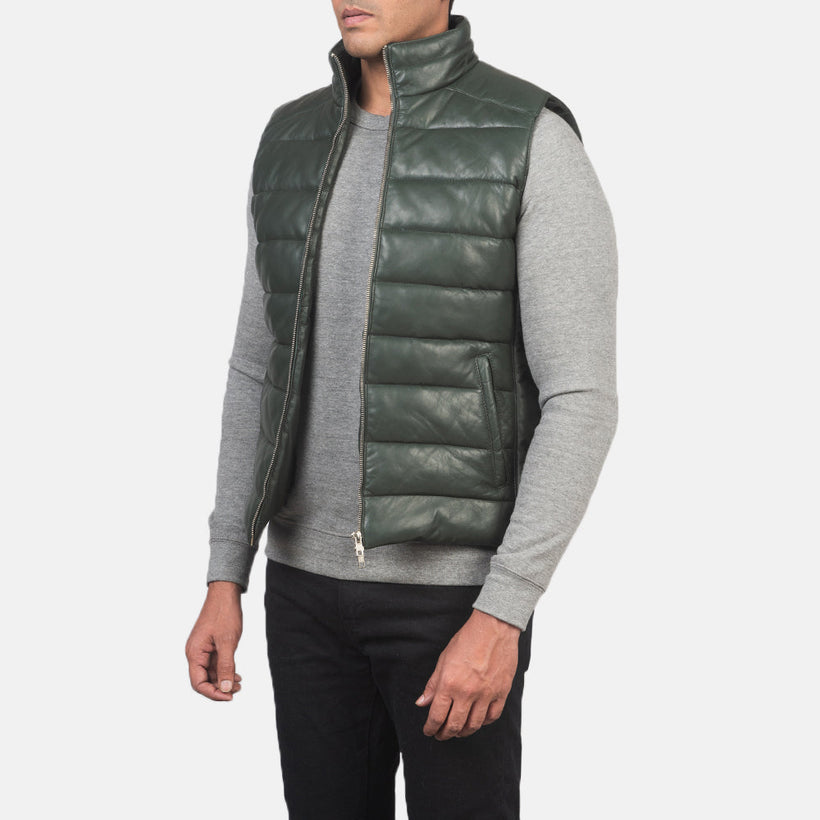 Reeves Green Leather Puffer Vest მამაკაცის