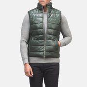 
ახლო ხედი of Classic Collar & Zipper with Dual Puller Hardware on Reeves მწვანე Leather დათბილული ჟილეტი მამაკაცის