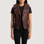 
Maroon Sheepskin Leather Biker Jacket - უკანა ხედი გამოკვეთილი მხრებით და სუფთა დაბოლოებით
