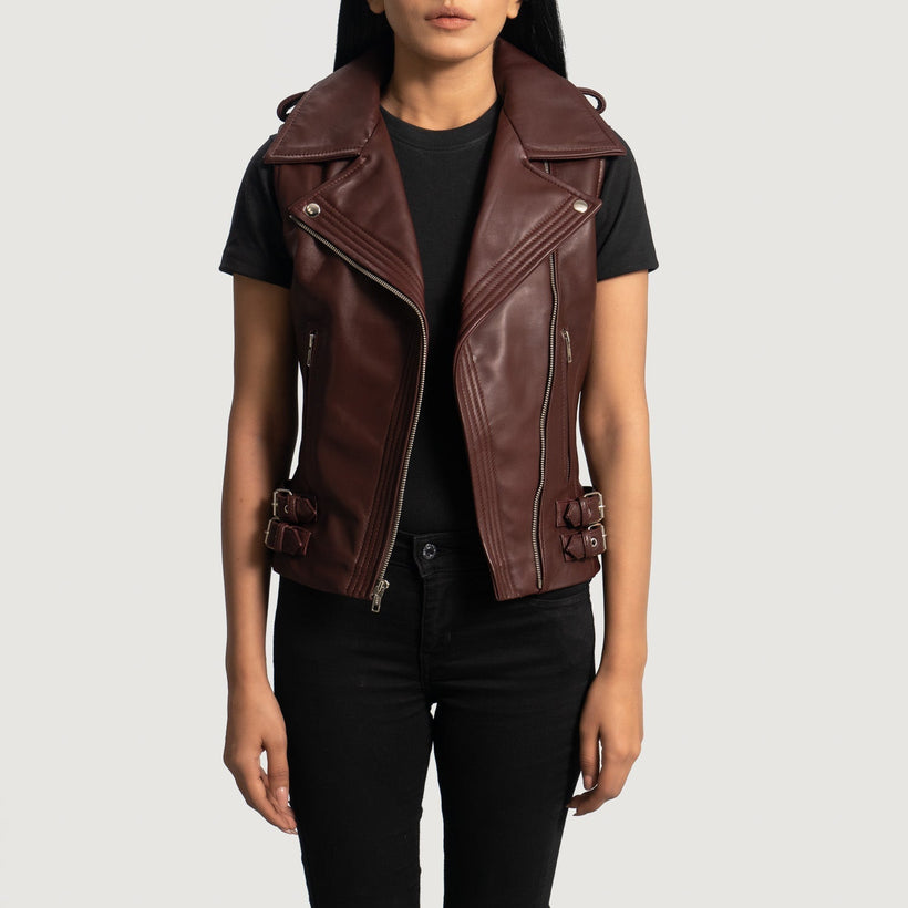 Rhonda ბორდოსფერი Leather Biker Vest ქალის