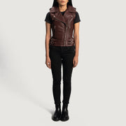 
ახლო ხედი of Notch & Zipper Hardware on Rhonda ბორდოსფერი Leather Biker Vest ქალის