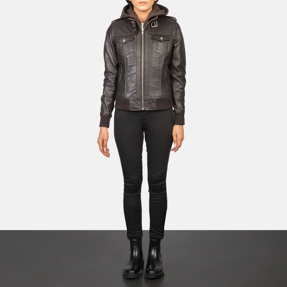 
Roslyn Hooded ტყავის ბომბერი ქალის - გვერდითი პროფილი ერგონომიული სახელოს ჭრით