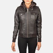 
ახლო ხედი of High Neck with Belt & Zipper Hardware on Roslyn Brown Hooded Leather Bomber Jacket