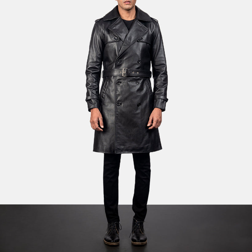 Royson შავი Leather Duster ტყავის პალტო მამაკაცის
