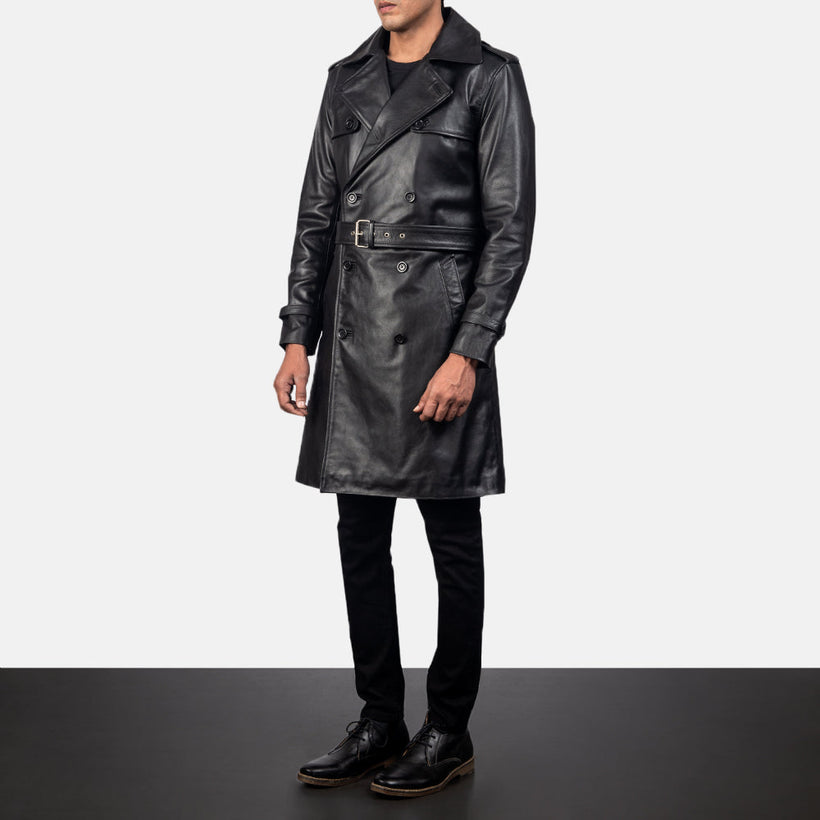 Royson შავი Leather Duster ტყავის პალტო მამაკაცის