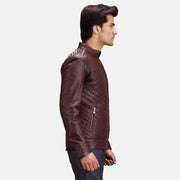 
Maroon Sheepskin Leather Biker Jacket - უკანა ხედი გამოკვეთილი მხრებით და სუფთა დაბოლოებით