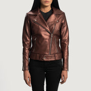 
Rumy Maroon Leather Biker Jacket in Maroon Sheepskin Leather - წინა ხედი და მორგებული სილუეტი | შეიძინეთ ონლაინ