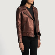 
Maroon Sheepskin Leather Biker Jacket - უკანა ხედი გამოკვეთილი მხრებით და სუფთა დაბოლოებით
