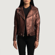 
Rumy Maroon Leather Biker Jacket - გვერდითი პროფილი ერგონომიული სახელოს ჭრით