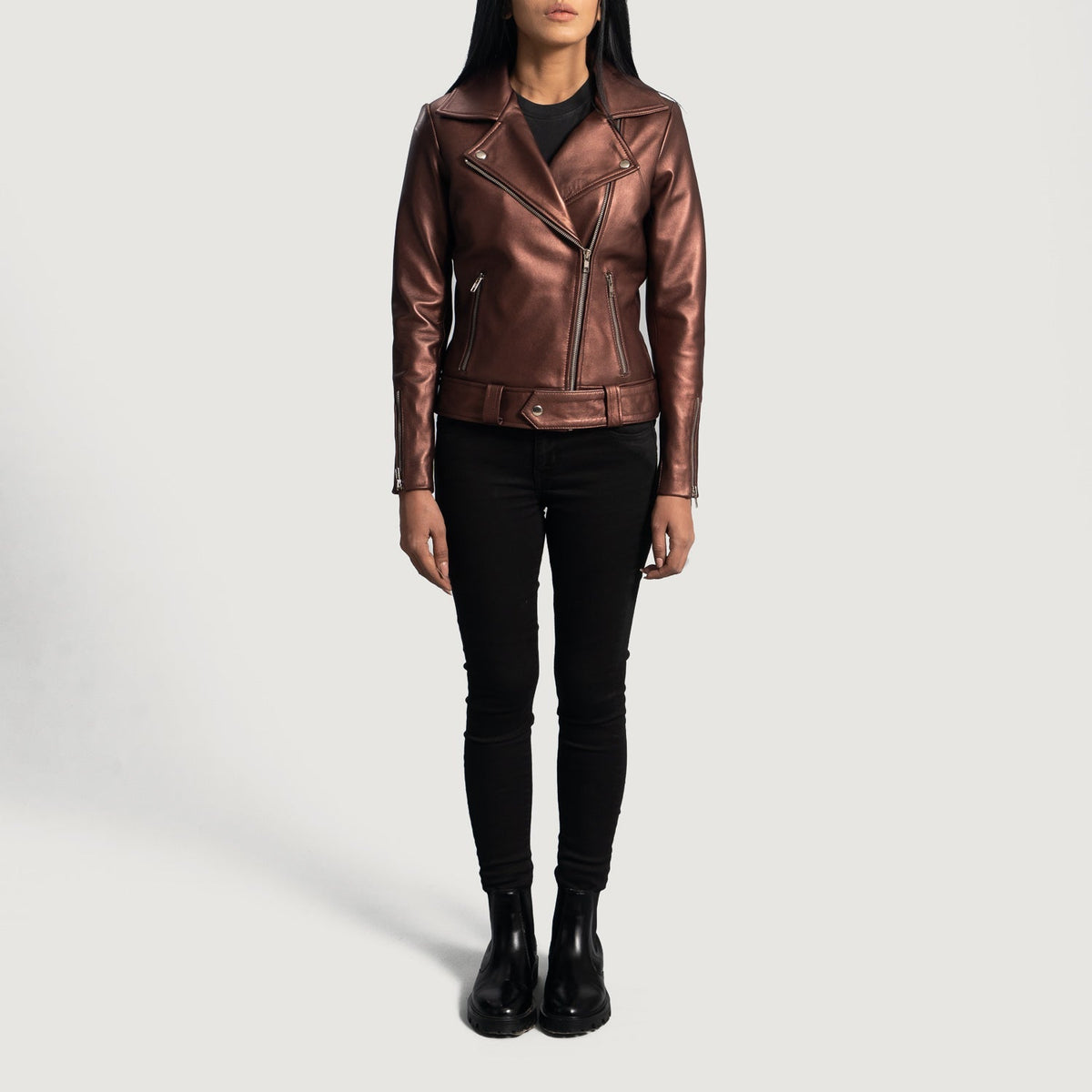 
ახლო ხედი of Notch & Zipper Hardware on Rumy Maroon Leather Biker Jacket
