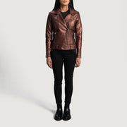
ახლო ხედი of Notch & Zipper Hardware on Rumy Maroon Leather Biker Jacket
