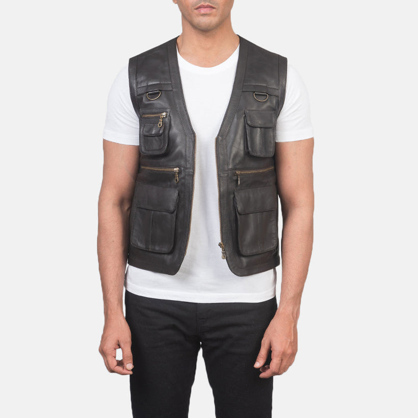 Safari ყავისფერი Leather Vest მამაკაცის