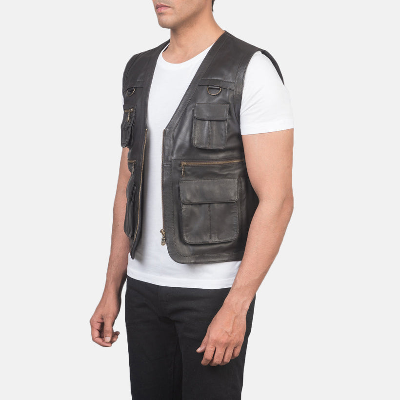 Safari ყავისფერი Leather Vest მამაკაცის