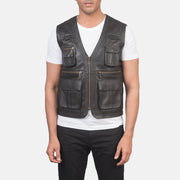 
ახლო ხედი of Classic Collar & Zipper Hardware on Safari ყავისფერი ტყავის ჟილეტი მამაკაცის