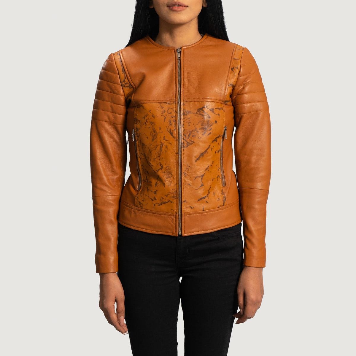Women's Sandy Tan Dye Leather Biker Jacket in Tan Brown Sheepskin Dip &amp;Amp; Dye - Front Profile View &amp; Tailored Silhouette | Buy Online