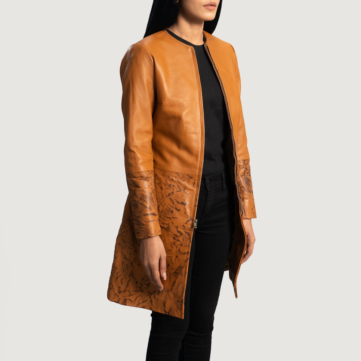 Tan Brown Sheepskin Dip &amp;Amp; Dye Leather Coat - Back View Showing Tailored Shoulder Fit &amp; Clean Hemline