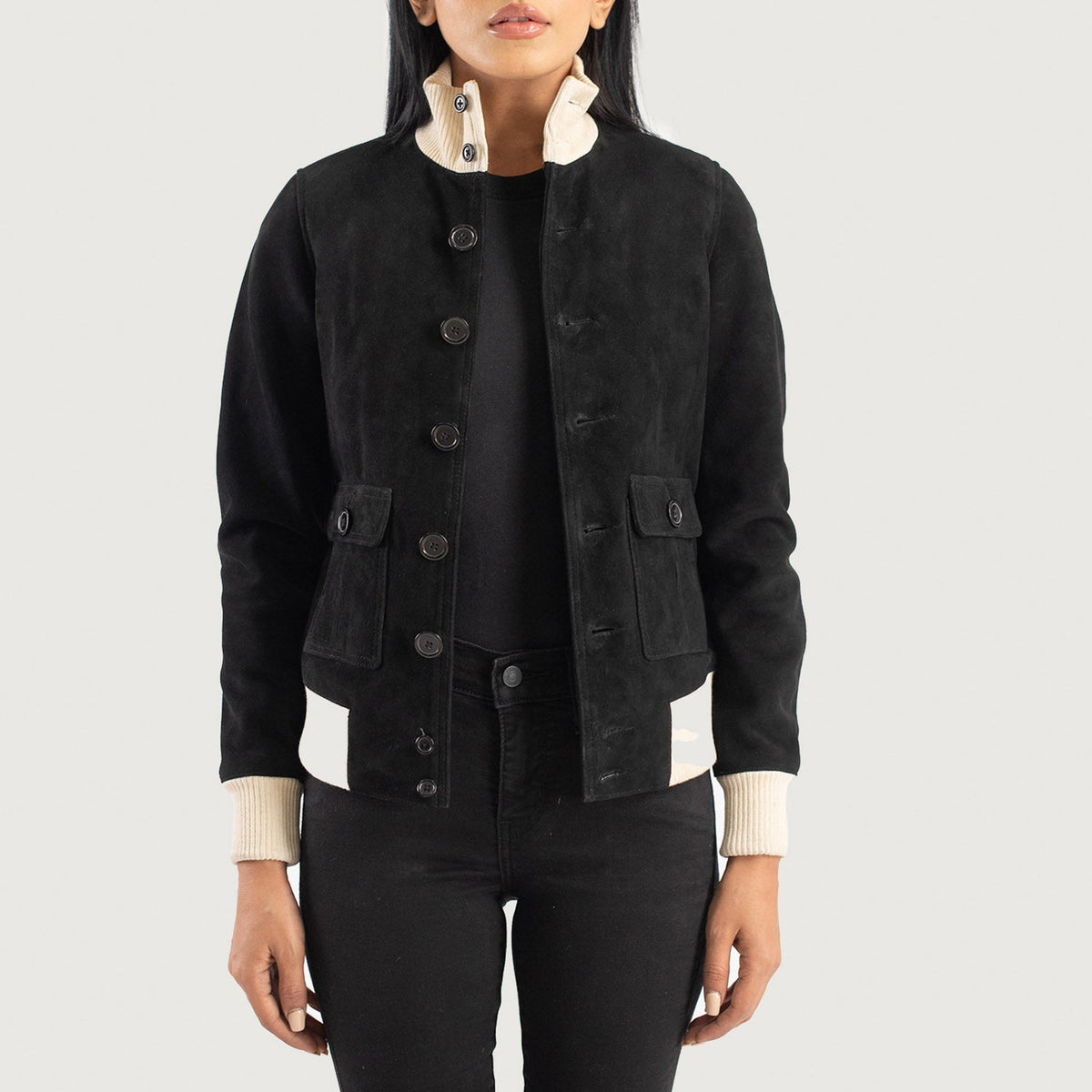 
Sasha A1 Black Suede Bomber Jacket in Black Goatskin Suede - წინა ხედი და მორგებული სილუეტი | შეიძინეთ ონლაინ