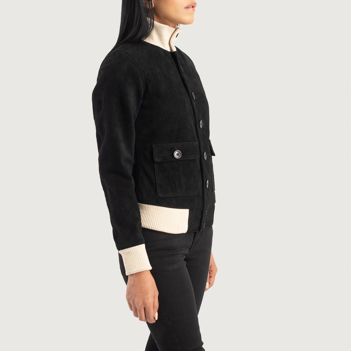 
Black Goatskin Suede Bomber Jacket - უკანა ხედი გამოკვეთილი მხრებით და სუფთა დაბოლოებით