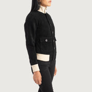 
Black Goatskin Suede Bomber Jacket - უკანა ხედი გამოკვეთილი მხრებით და სუფთა დაბოლოებით